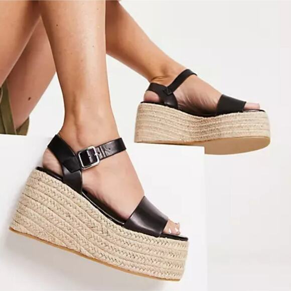 Steve Madden Cabo Leather Flatform Espadrille Sandals in Black Size 9.5 - Picture 1 of 13